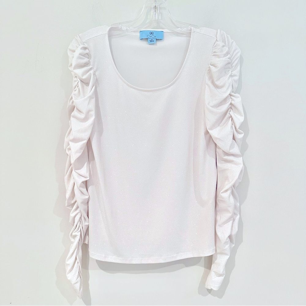 CeCe Metallic Holiday Blouse‎ Women's XS Ivory Stretch Metallic Ruched Sleeves